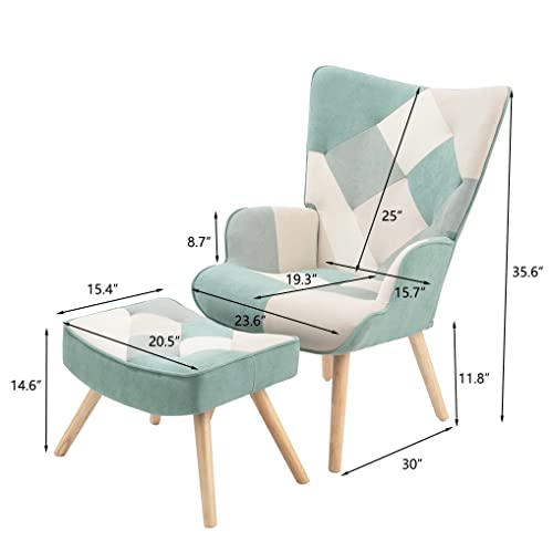 Fussbric Accent Chair With Ottoman, Living Room Chair And Ottoman Set, Modern Colorful Patchwork Reading Chair With Armrests And Solid Wood Legs,Napping Armchair,Blue #TOP5