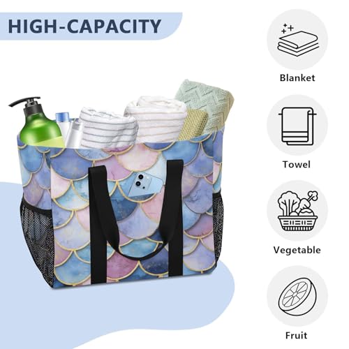Large Waterproof Travel Tote Bag for Women Men, Watercolor Pink Blue Mermaid Scales Canvas Beach Bag with Lining & Pockets - Reusable Grocery/Laundry/Kitchen/Pool/Picnic Tote (15.4x9.8x12.8i 5
