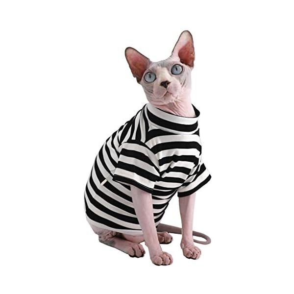 Sphynx Hairless Cat Red Stripe Breathable Summer Cotton T-Shirts Pet Clothes,Round Collar Vest Kitten Shirts Sleeveless, Cats & Small Dogs Apparel (M (4.4-5.5 lbs), Black Stripe)