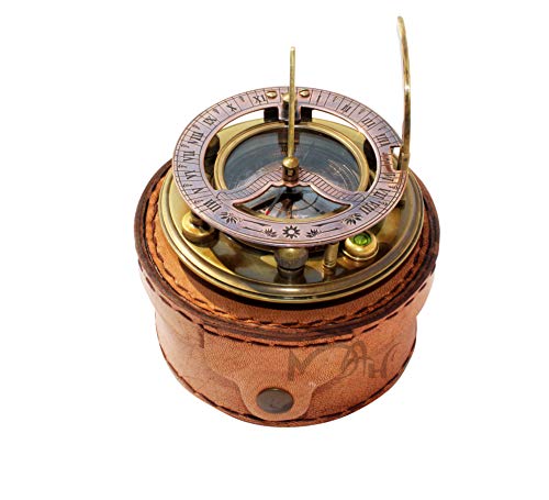 Mah - Solid Brass Sundial Compass With Box Vintage Gift, Sundial Clock, Sun Dial In Box Gift Sun Clock Ship Replica, Birthday Gift, Magnetic Sundial Clock With Leather Box. C-3052 #TOP2