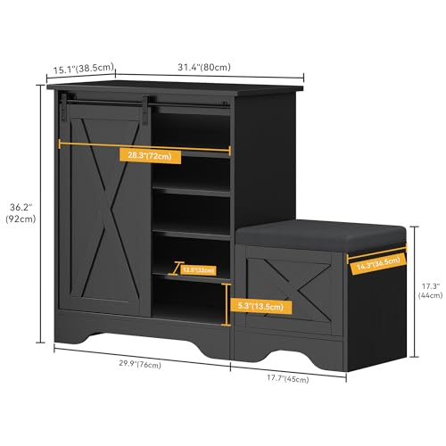 DWVO Farmhouse Shoe Storage Cabinet with Bench, 5-Tier Slim Shoe Cabinet with Adjustable Shelves for 20 Pairs Sliding Door for Entryway, Hallway, Living Room (Black)