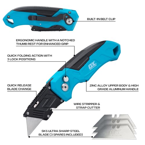 OX TOOLS P224301 Pro Heavy Duty Fixed Blade Folding Knife, Blue / Black - Image 2