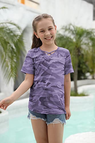 Image of Girls Camouflage Stripe Short Sleeve Shirts V Neck Criss Cross Tees Sweat Kids Casual Sport Tops Blouse(4-15T)