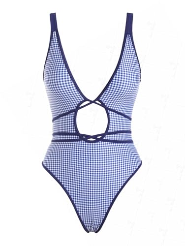 seamoly Blue Gingham Tie Around Criss Cross Backless Plunging Neck One-Piece Swimsuit