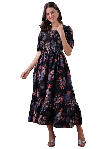 Robe maxi imprimé floral noir manches courtes bouffantes smockée