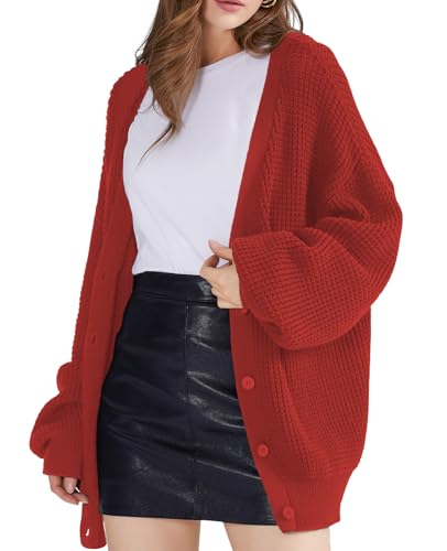 Image of QUALFORT Women's Oversized 100% Cotton Cardigan Sweater | Long Sleeve V Neck Button Down Open Front Knit Outerwear
