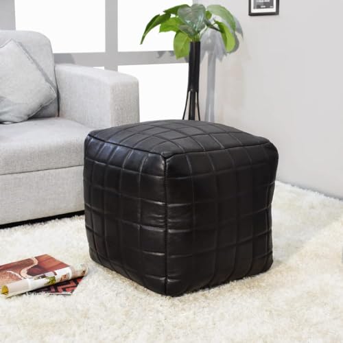 Rugsotic Carpets SQUARE SHAPED GOAT LEATHER HANDMADE ECO-FRIENDLY BLACK POUF - Square Pouf, 21
