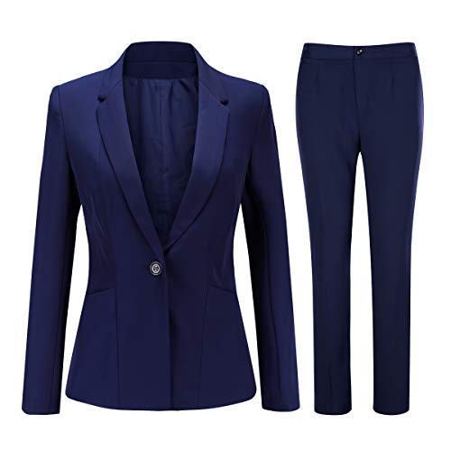 Women's One Button Blazer and Pants 2 Piece Business Office Suit Set Blue