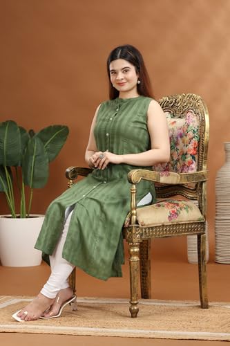 Image of Cotton Culture Green Cotton A Line Sleeveless Kurta