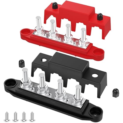 Barra collettore marina, blocco di distribuzione potenza 12 V 250 A, connessioni 4 pali, terminali barra batteria rame automobilistico M8 M10 per auto, camper, barche e yacht (Black M8)