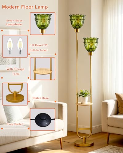 Image of Lightdot 2-Lights Glass Floor Lamp with Table Mid Century Modern Gold Standing Tall Lamps with Green Glass Shade, LED Floor Lamp with Foot Switch for Living Room Bedroom Home Decor (Bulbs Included)