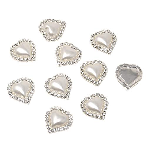 Honbay 10PCS 22mm x 23mm Flatback Heart Shaped Rhinestone White Faux Pearl Embellishments - Glue on