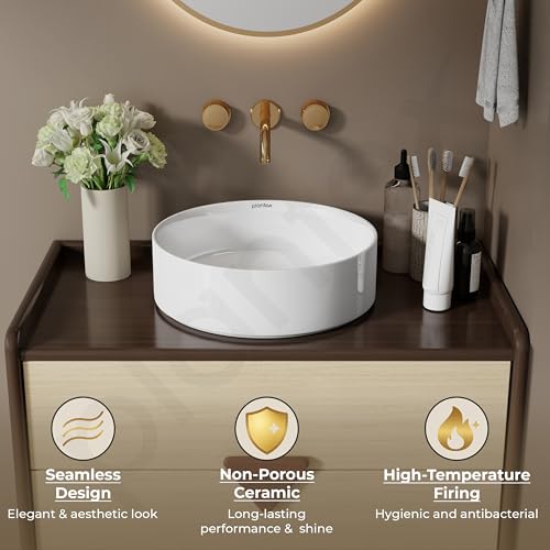 Image of Plantex Ceramic Table Top Wash Basin For Bathroom /Table Top Washbasin with 10 Years Glaze Warranty by Plantex /Round Countertop Vessel Sink Basin For Home /Office /Hotel (14.5 X 14.5 X 5Inch-RUBY-White)