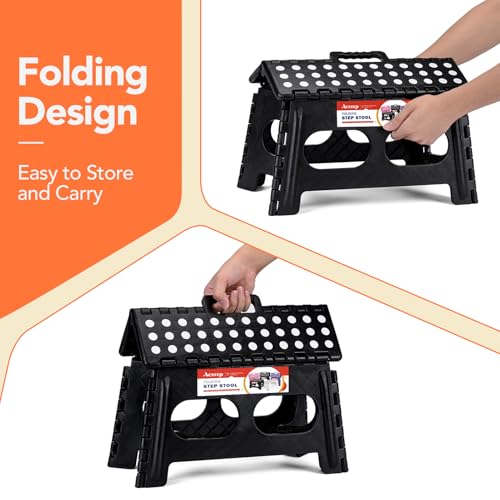 Image of ACSTEP Folding Step Stool,15-Inch Extra Wide 9 Inch Height Heavy Duty Stepping Stool Safer and More Comfortable Non Slip Foldable Step Stool for Kids and Adults Black