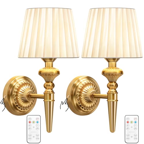 Image of Cordless Battery Powered Wall Sconce Vintage Set of 2, Wireless 6800mAh Rechargeable Battery Antique Small Wall Lamp for Wall Painting, Living Room, Bedroom, Hallway, Touch Type & Remote, Timer(Gold)
