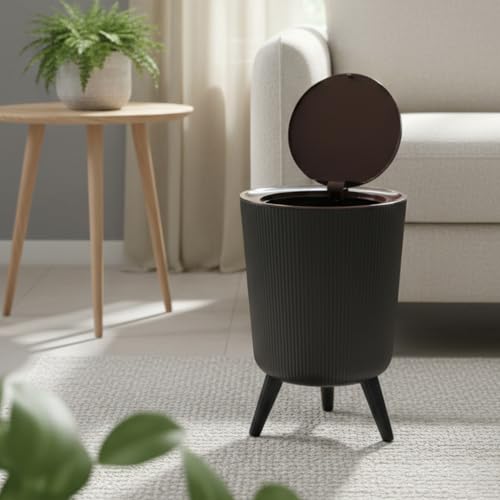 Image of House of Quirk Trash Can With Lid For Bathroom, 9 Liter Kitchen Dustbin Modern Office Trash Can With Legs, Slim Plastic Basket For Bathroom, Bedroom Round (Black)