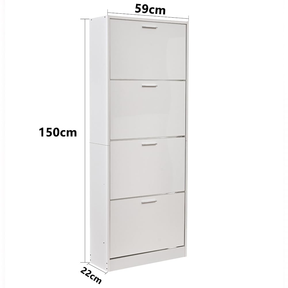 BAKAJI Scarpiera Salvaspazio Slim Portascarpe in Legno MDF con 4 Ante Laccate Lucido a Ribalta e Doppia Profondità 59 x 22 x 169.5 cm Bianco Lucido, 4 Ante