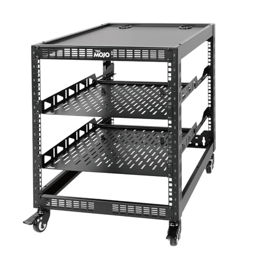 Tecmojo Rack di Rete a Telaio Aperto da 19 Pollici 12U Montaggio a Pavimento o a Parete, Armadio di Rete a 4 Montanti con Rotelle, Dotato di 2 Ripiani da 1U e Materiale di Montaggio, Nero
