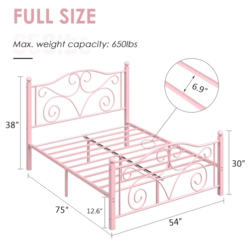Image of VECELO Full Size Bed Frame with Headboard and Footboard, Heavy Duty Metal Slat Support, Platform Mattress Foundation, No Box Spring Needed, Easy Assembly, Light&Pink