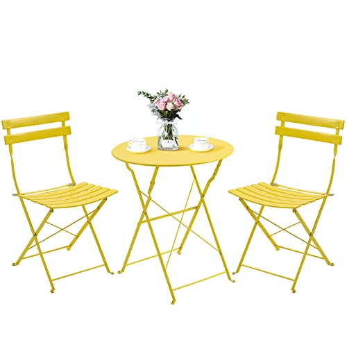 Avawing - Lot de 3 meubles de bistrot - Pliants - Constitués d’une table de bistrot et de 2 chaises - Idéaux pour balcon, jardin, cour - Jaune Cover