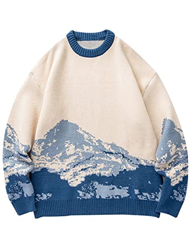 Gihuo Mens Sweater Vintage Cow Printed Sweater Pullover Sweaters Crewneck Oversized Kawaii Sweater Knit Tops Jumper