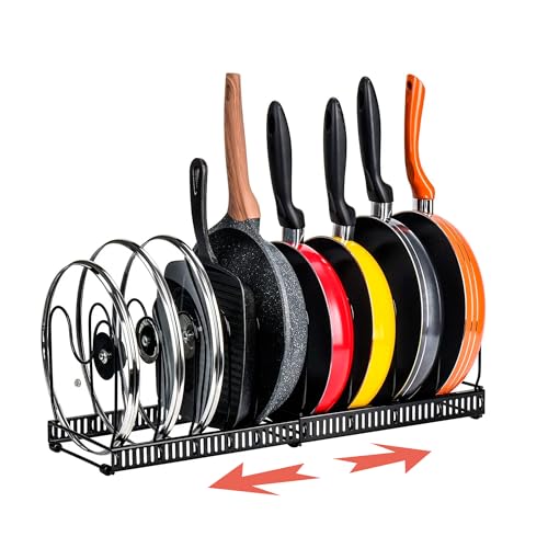 Amig - Organisateur de Poêles Extensible - De 6 à 10 Compartiments - Acier Noir - Rangement de Cuisine pour Couvercles et Poêles - Dimensions : 20 x 24 x 30-57 cm
