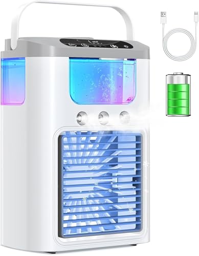 Lista de Mini Clima los 5 más buscados. 49 Enfriador de Aire, Aire Acondicionado Portátil, con 600ML de Tanque de Agua y 3 Pulverizaciones, 3 Velocidades y Luz LED de 7 Colores, Enfriador Evaporativo para Oficina, Hogar,...