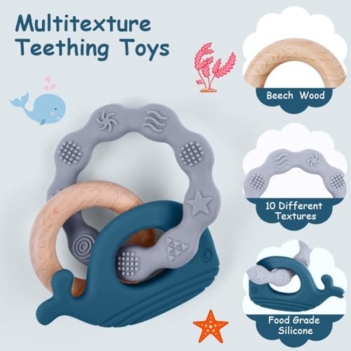 Vicloon Beißring Baby, Beißspielzeug Zahnungshilfe aus Silikon & Holz, BPA-frei, Waltierform, Zahnen Nursing Zubehör für ab 3 Monaten Babys, Mädchen Junge Geschenk (Wal-Blau)