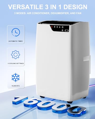 Image of 16,000 BTU Portable Air Conditioners for Rooms Up To 800 Sq.Ft. Portable AC, Dehumidifier, 24H Timer, Sleep Mode & Water level indication, Remote Control & Window Kit, White & Black
