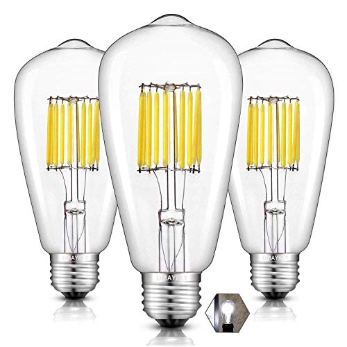 OMAYKEY 10W 5000K LED Edison Bulb (100W Equivalent) Daylight White Glow 1000 Lumens, E26 Base Vintage Edison ST64 Clear Glass LED Filament Light Bulbs, Non-dimmable, Pack of 3