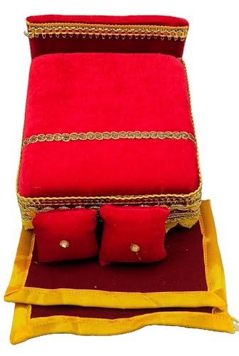 Image of RD Handicraft Thakur ji Bed, Laddu Gopal ji Bed, Bal Gopal ji Bed with Blanket Silk All Purpose Chowki |Tomato (17x16x10 cm)
