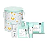 REGALO BABY SHOWER - Canastilla de cosmética regalo para recién nacido con los productos imprescindibles para el cuidado del bebé, canastilla con diseños en tonos mostaza. ¡Un regalo práctico y bonito a la vez