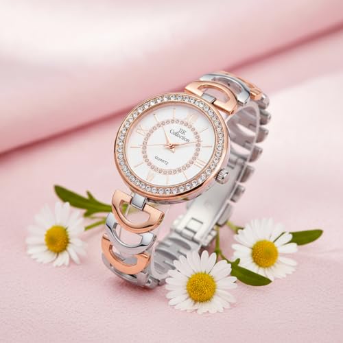 Image of IIK COLLECTION Watches for Women Round Studded Dial |Analogue Quartz Movemnet Ladies Watch|Long Battery Life|Stainless Steel Adjustable Bracelet Chain Strap|Double Lock Clasp Safety Watches for Girls