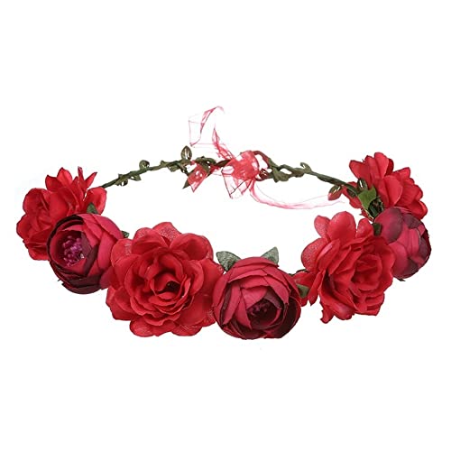 YSTrillion Boho Blumenkrone,Bridal Headpiece,Blumen Stirnband Haarband,Blumenkranz Krone Stirnband,Frauen Mädchen Braut Rosen Blumen(Rot)