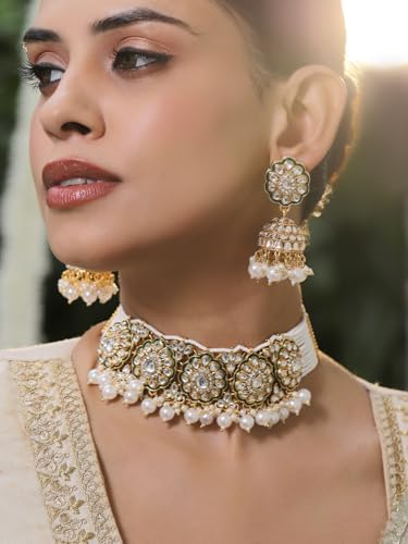 Image of Rubans Necklace Maangtikka Set Gold Plated Kundan & Pearl Jewellery Gift for Women & Girls