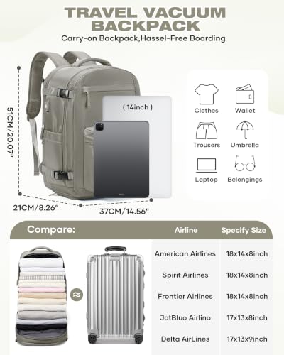 Image of suradar Vacuum Backpack Travel with Pump,Travel Backpack with One Button Vacuum System Vacpack Sealed Compression Airbag Carry on Flight Approved Laptop Backpack Space Saver Bags Brown
