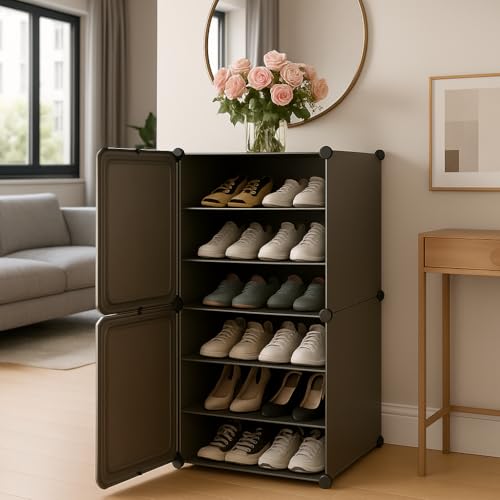 Image of Sunderlook Shoe Rack Plastic for Home- Slipper Stand, Professional Shoe Stand, Chappal Stand, Multipurpose Foldable Standing Comfort Runner Shoe Rack with Door (Grey, 6 Shelf 2 Door)
