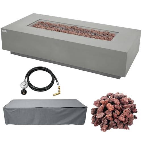 Image of AMS Creations | Savanah 72 inch Rectangular Cast Concrete Natural Gas Fire Pit Table | Light Gray | Smooth Texture Surface | Electronic Ignition | Outdoor Patio Heater Outside Backyard Fireplace