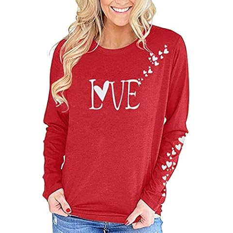 MOUSYA Women Love Heart Graphic Long Sleeve Shirt Valentine's Day T Shirt Couples Gift Pullover Casual Crewneck Tee Top (Red, X-Large) Cover