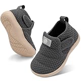 QFH Toddler Shoes Boys Girls Sneakers Comfy Barefoot Shoes Kids Adjustable Hook and Loop Walking Shoe Wide Toe Box Breathable Shoe Dark Grey Size 11