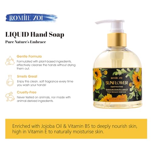 Image of ROMIIE ZOI Liquid Hand Soap, Sunflower, 260ml /8.7 fl.oz | With Gift Box, Gentle cleansing, nourishes skin without drying