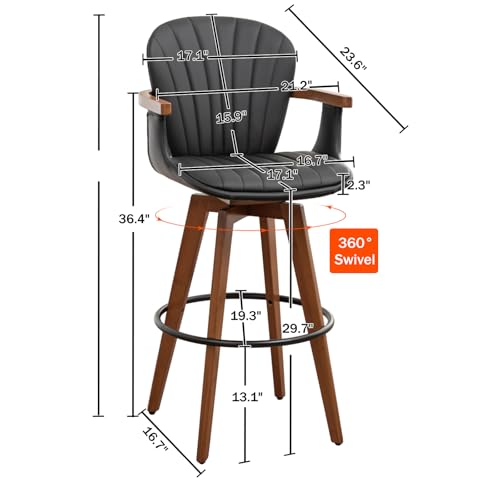 Image of LUNLING 30 inch Bar Height Stools Set of 3.Mid Century Modern Bar Stools,Black PU Leather Kitchen Island Stools,Wood High Barstools Swivel with Back and Arms for Home Bar Furniture