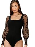 WDIRARA Women's Polka Dots Sheer Dobby Mesh Square Neck Long Sleeve Skinny Bodysuit Black Ink M