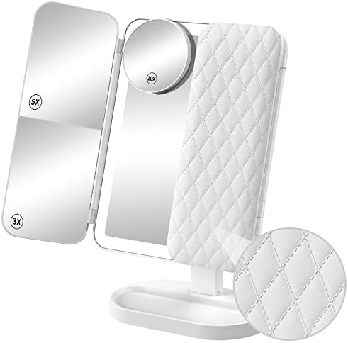 Benbilry Trifold Lighted Vanity Makeup Mirror with 74 LED Lights, 3 Color Lights & Stepless Dimming, 1X/3X/5X/10X Magnification & 2000mAh Rechargeable Magnifying Light Up Mirror, Gift for Women(White)
