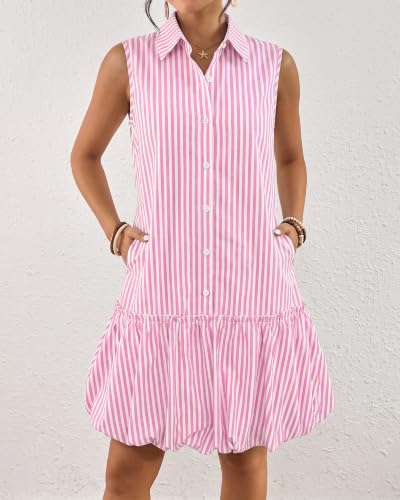 Image of Bsubseach Womens Casual Summer Dresses Sleeveless Linen Bubble Mini Short Dress Button Down Shirt Sundress with Pockets