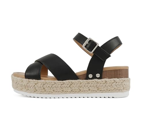 Image of Soda inchFIRELY inch ~ Women Round Toe Crisscross Band Platform Espadrille Wedge Sandal with Adjustable Ankle Strap