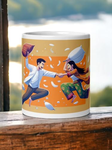 Image of Better Gift Flowers Pillow Fight Customized Mug, Round Shaped Multicolor Themed Coffee Mugs, Mug for Gifting, Gifting Items for Family, Friends & Closed Ones