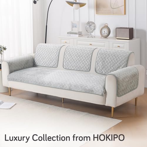 Image of HOKIPO Premium Velvety Quilted Sofa Armrest Covers (Pack of 2)- Anti-Slip, Washable Arm Cover, 'Softline Quilted Series' | Ice Grey (AR-6321-LGRY*2)