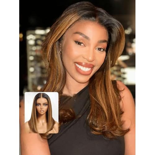 UNICE Bye Bye Knots Glueless 7x5 HD Lace Front Wigs Human Hair Pre Plucked Pre Cut Bleached Knots Dark Roots Brown Blonde Highlight Blunt Bob Wigs Natural Looking 150% Density 12 inch
