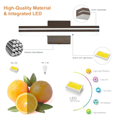 Image of SineRise LED Modern Bathroom Vanity Light Fixtures (16-Inch, 3000K /4000K /6000K, Dimmable), Brown Wood Painted Modern Acrylic Bathroom Wall Lighting Fixtures Over Mirror